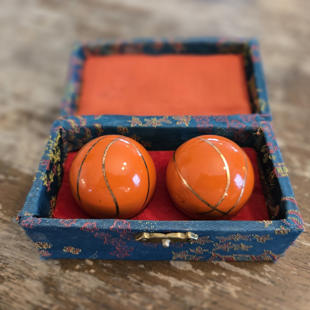 Vintage Orange Baoding Balls in Decorative Box